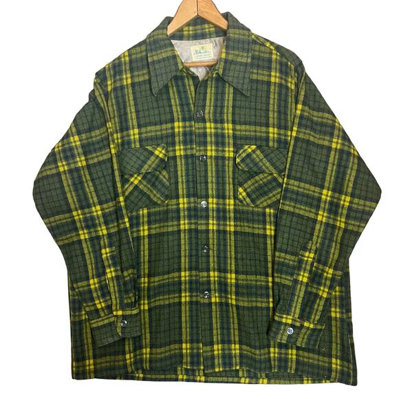 Vintage 60s JB Hunter Mens Size XL Green Yellow Wool Plaid Shirt Button Front - Picture 1 of 7